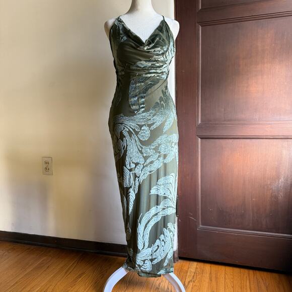 Oh POLLY Green Burnout Velvet Cowl neck Midi Dress Ekin-Su Strappy Back Size  6 - Picture 2 of 6